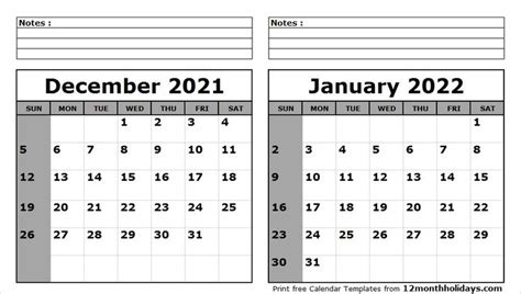 December 2021 January 2022 Calendar Printable 2020 Calendar Template