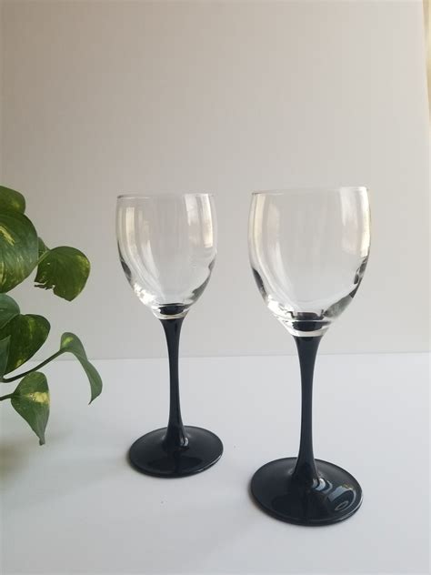 Vintage Set Of 2 Black Stemware Drinking Glasses Luminarc Etsy