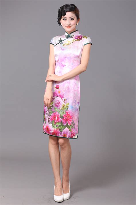Brilliant Peony Flowers Silk Cheongsam Qipao Cheongsam Dresses Women