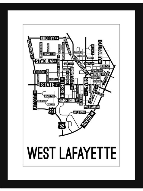 West Lafayette Indiana Street Map Poster School Street Posters