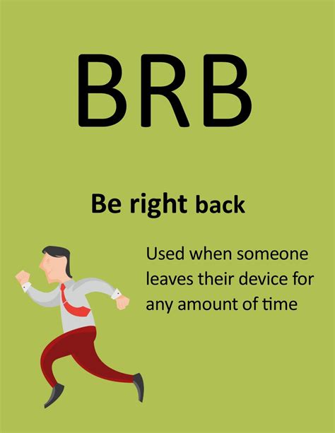 Acronym for be right back, as in, i will return soon.. What's the meaning of asl, brb, lol, wtf, pw, afa, atm ...