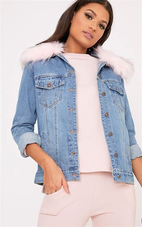 Light Pink Faux Fur Collar Oversized Denim Jacketa Classic Denim Jacket With A Touch Of Instant