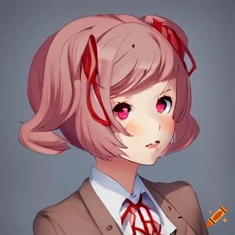 Moody Anime Ddlc Natsuki With Red Clip In Sideways Hairspike Crossing Her Face On Craiyon