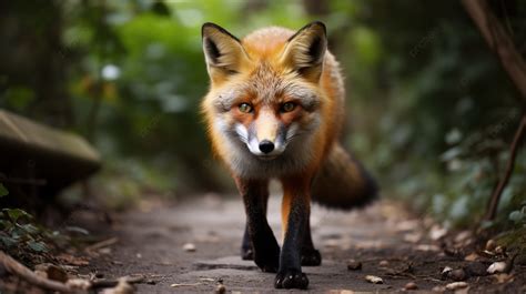 Red Fox Walking Down A Path In The Woods Background A Fox Walking