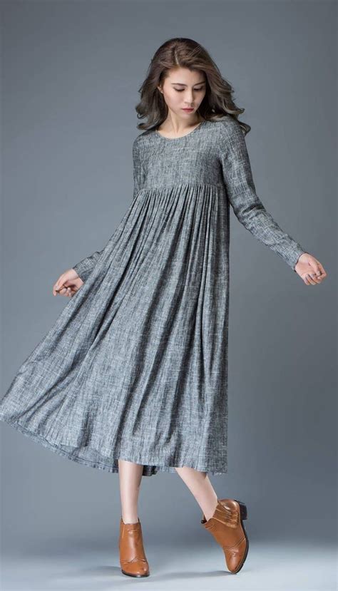 Maxi Linen Dress Comfortable Linen Loose Fitting Long Sleeved Everyday Marl Grey Midi Length