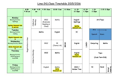 Lime Class N Weekly Timetable Woodborough Primary School