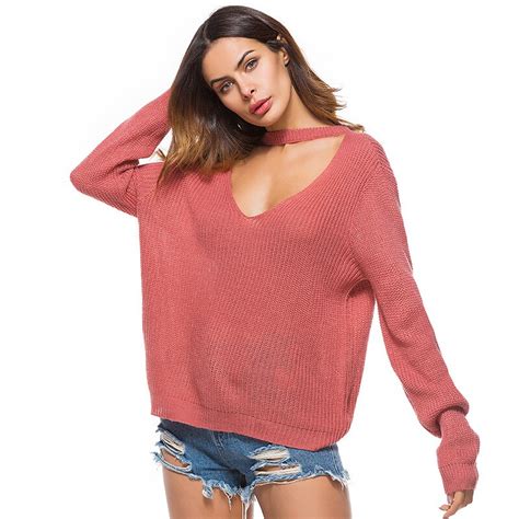 2018 Women Knitted Basic Sweater Sexy Deep V Neck Solid Women Pullover