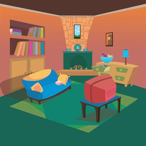 Premium Vector Tv Living Room Interior Cartoon Style Background