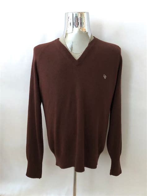 Vintage Mens 80s Christian Dior Sweater Brown Long Sleeve V Neck