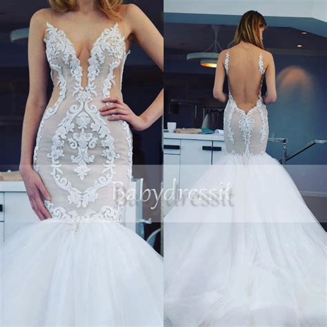 Sexy White Wedding Dress Elegant Embroidery Sheer See Through Top