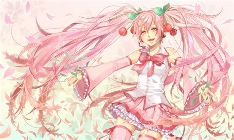 Hatsune Miku Lma Long Hair Pink Eyes Pink Hair Sakura Miku Thighhighs Twintails Vocaloid