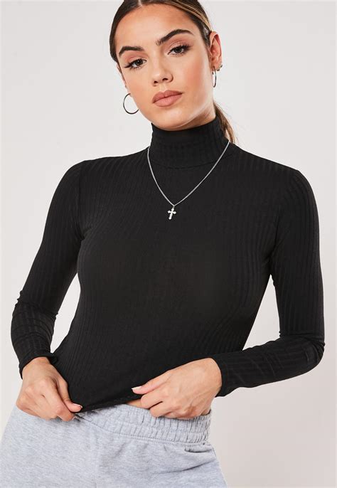 Black Ribbed High Neck Long Sleeve Top | Missguided