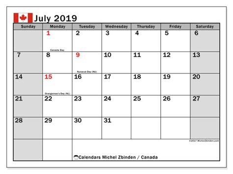 Past bank holidays in england and wales 2019. July 2019 Calendar, Canada - Michel Zbinden EN