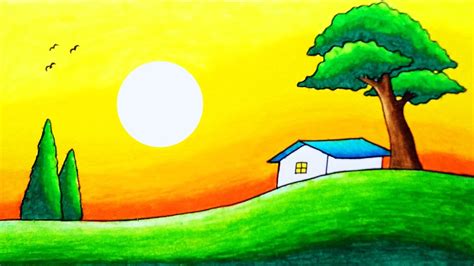 How To Draw Easy Scenery Of Sunset Trees And House Super Simple