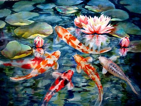 Hd Wallpaper Artwork Fish Koi Lilies Lily Pads Paintings Water