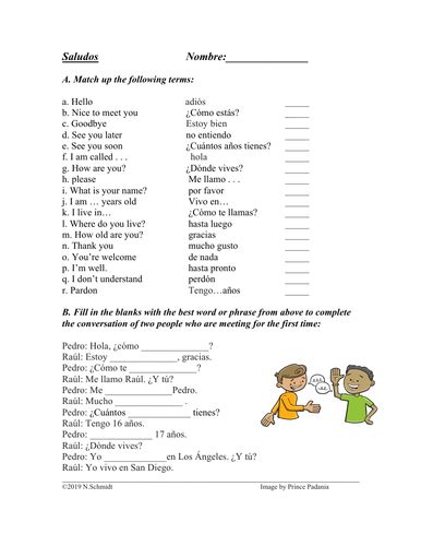 Spanish Greetings And Basic Expressions Vocabulary Worksheet Saludos Teaching Resources