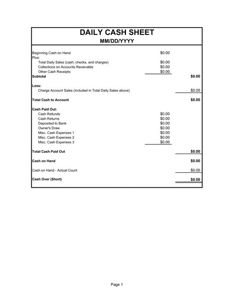 Cash Sheet Template Excel