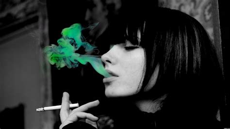 Women Smoking Selective Coloring Cigarettes Black Hair