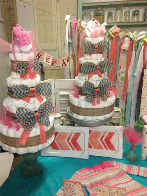 Diaper Cake First Try Shabby Chic Coral And Teal Baby Shower Teal