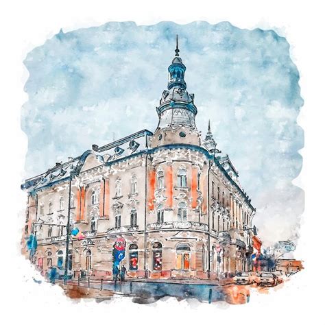 Cluj Napoca Rumania Acuarela Boceto Dibujado A Mano Ilustración