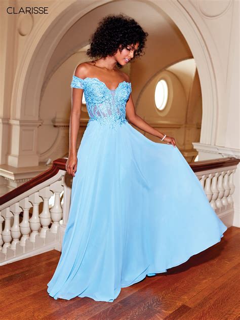 3774 Dusty Blue Off The Shoulder Chiffon Dress With A Lace Top And