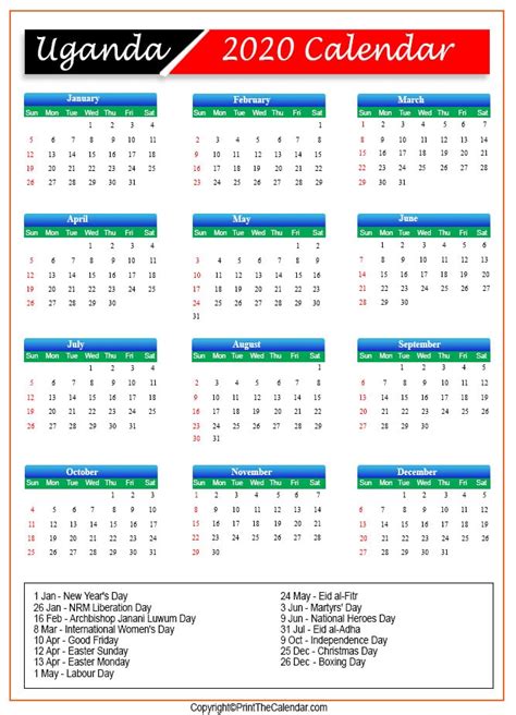 Uganda 2020 Printable Calendar With Public Holidays Templates Zohal