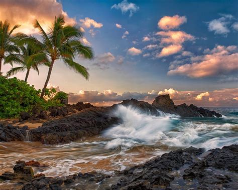 Tropical Landscape Ocean Palm Coast Rock Band The Sky Clouds Maui