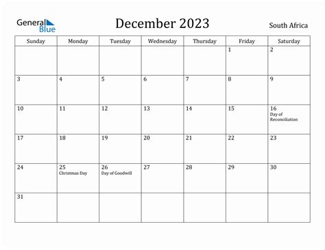 December 2023 Monthly Calendar With South Africa Holidays