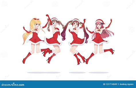 Joyful Anime Manga Girls As Santa Claus In A Jump Stock Vector