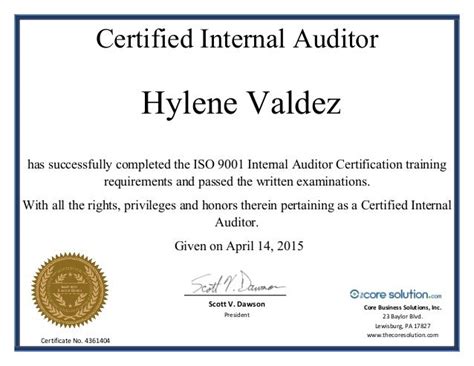 Internal Auditor Certificate