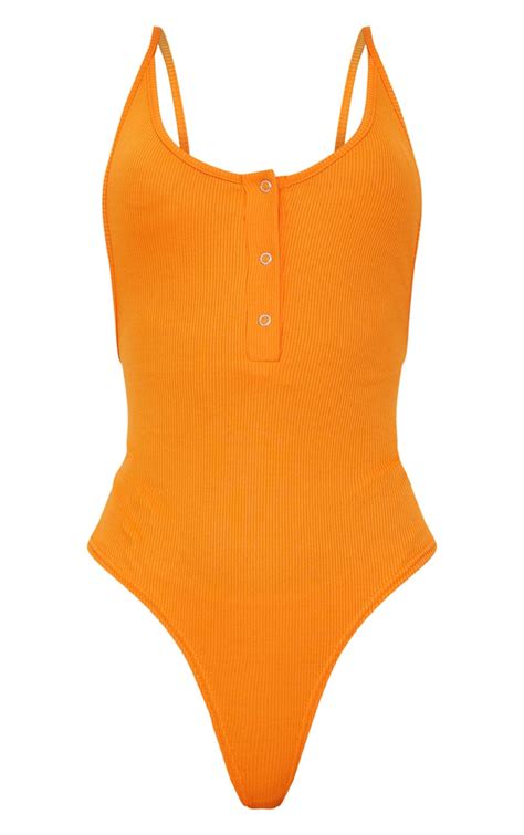 Orange Rib Popper Front Scoop Back Thong Bodysuit Prettylittlething Ie