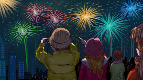 New Years Festival Watch Fireworks Fireworks Crowd Cartoon Night