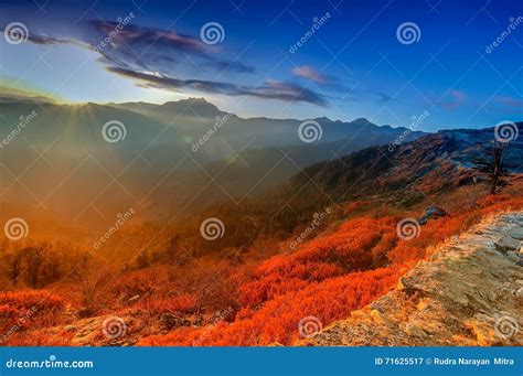 Chilly Winter Sunrise At Lunhgthang Sikkim West Bengal India Stock