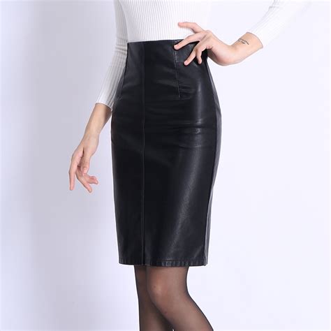 Yichaoyiliang Winter Knee Length High Waist Black Faux Leather Skirt Sexy Office Ladies Package