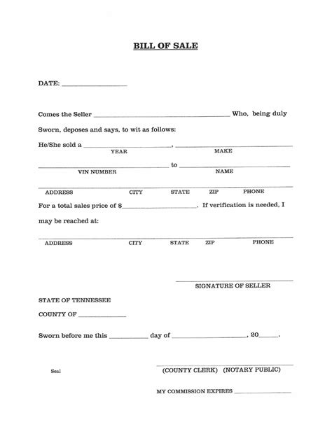 Free Tennessee Vehicle Bill Of Sale Form Download Pdf Word
