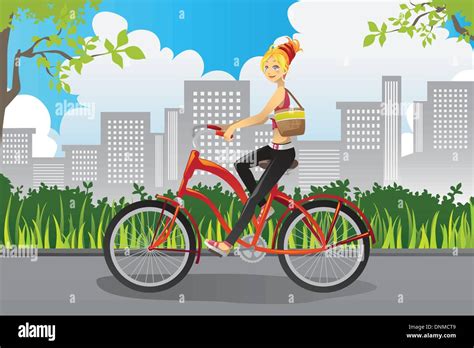 Una Ilustración Vectorial De Una Mujer Andar En Bicicleta En Un Parque