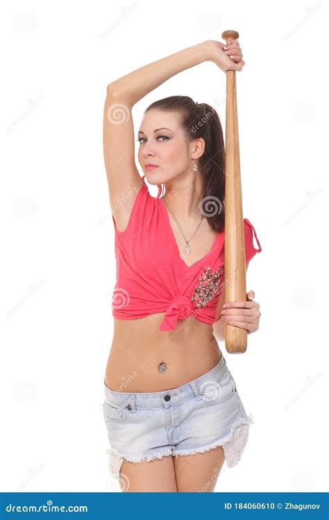 Brunette Woman With Baseball Bat Isolated Stock Photo Image Of Girl