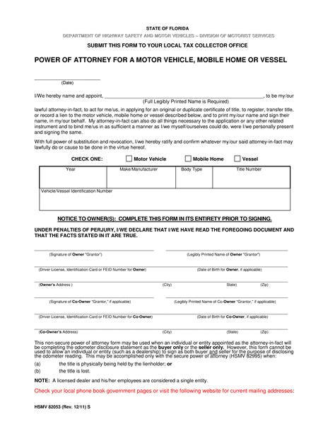 Free Florida Motor Vehicle Power Of Attorney Form Hsmv 82053 Pdf