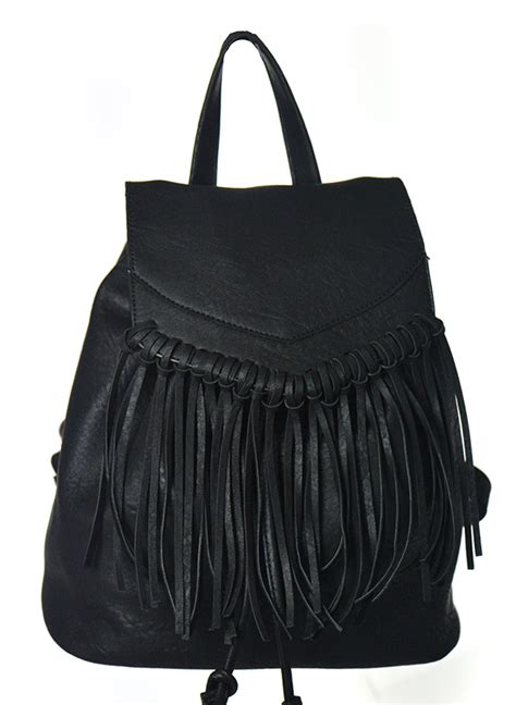 Faux Leather Fringe Backpack Purse 182pu 38762 Black