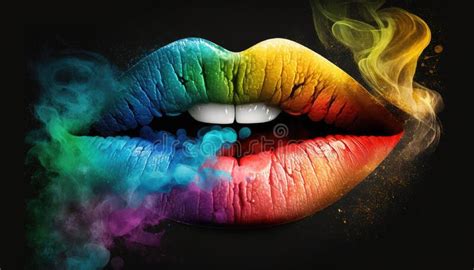 Female Lips Close Up Wearing Colorful Lipstick In Multi Colored Smoke