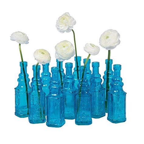 Luna Bazaar Small Vintage Glass Bottle 6 5 Inch Ella Square Design Turquoise Blue Flower