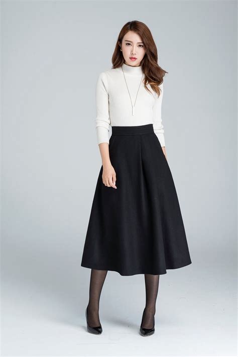 Midi Wool Skirt A Line Skirt Wool Skirt Woman Skirt Black Etsy