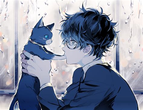 Download 2361x1824 Persona 5 Kurusu Akira Anime Boy Cat
