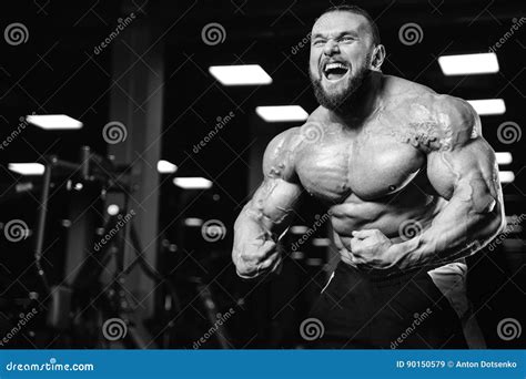 Handsome Fit Caucasian Muscular Man Flexing His Muscles In Gym Stock