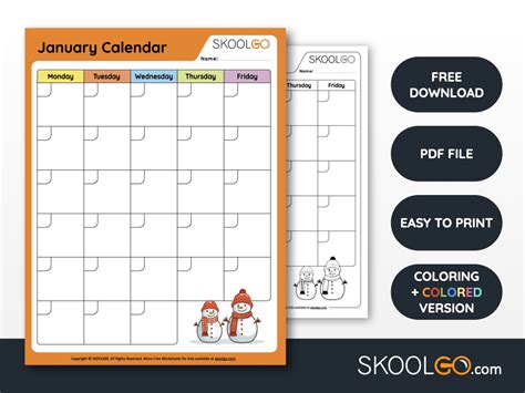 January Calendar Worksheet Skoolgo