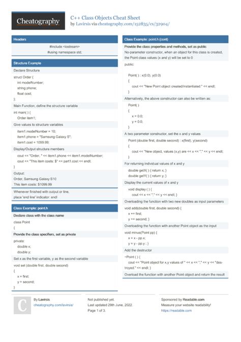 C Class Objects Cheat Sheet By Lavirsis Download Free From