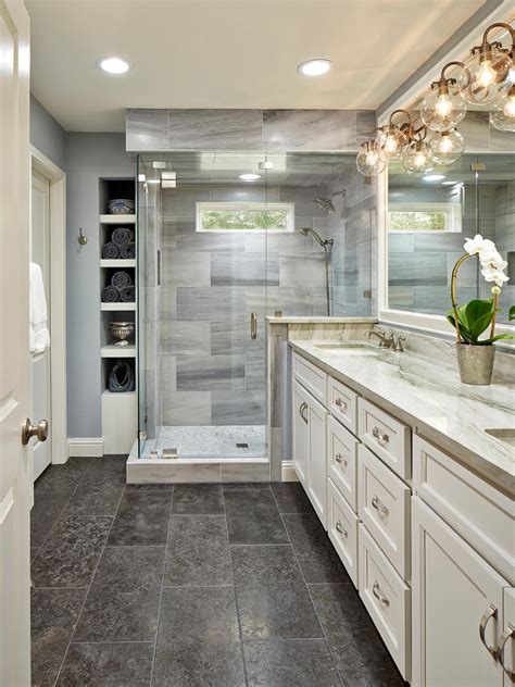 Diy gray marble tile shower remodel from unexpected elegance. Master Bathroom with Globe Sconces, Quartzite Counters ...