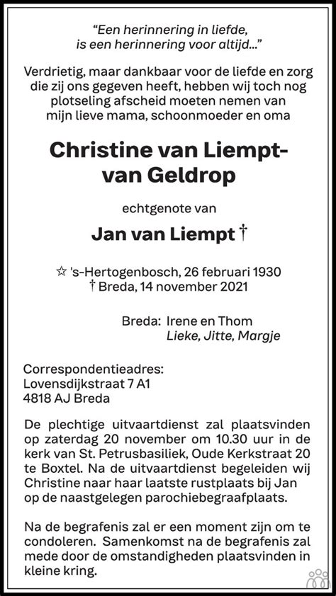 Christine Van Liempt Van Geldrop 14 11 2021 Overlijdensbericht En
