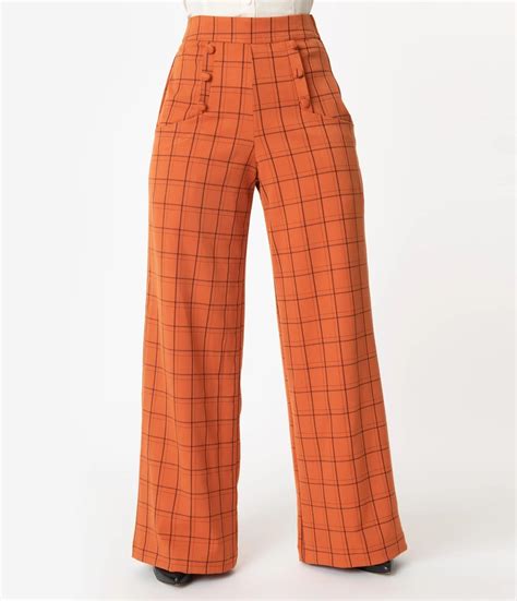 Unique Vintage Orange Windowpane High Waist Ginger Pants 1940s Vintage Dresses Vintage Brand