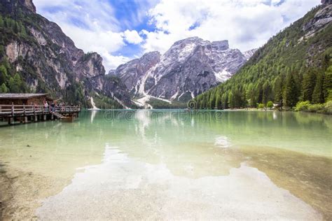 Lake Braies In Dolomites Italy Editorial Photo Image Of Cliff
